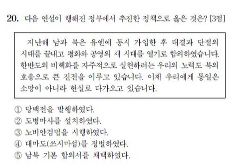 수능 한국사 20번 문제. 한국교육과정평가원 수능 문제 캡처