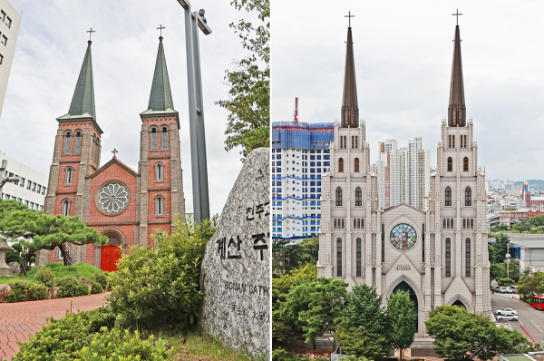 대구시 중구 계산오거리에 위치한 천주교 대구대교구 주교좌 계산대성당(왼쪽)과 대구경북 지역에 처음으로 들어선 개신교 교회 대구제일교회 전경.