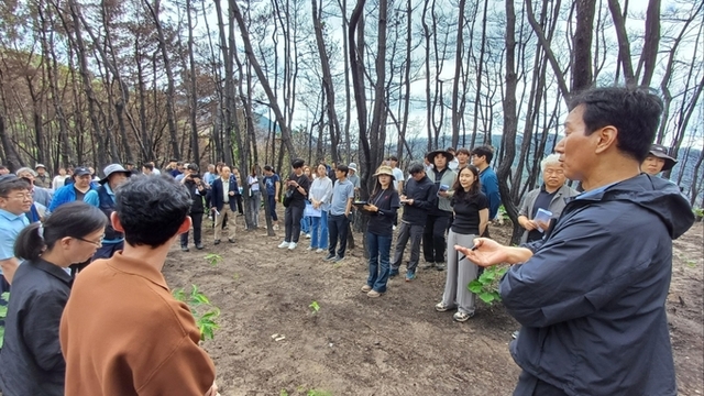 ▲ 의성군 산불피해지 복구 현장토론회에서 주민·전문가·공무원이 인공조림·자연복원 구역과 2차 피해 차단 대책을 논의했다. 의성군