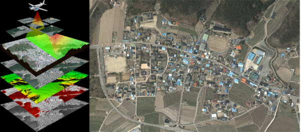 ▲ 항공 라이다(LiDAR) 기술로 촬영된 다층 지도(왼쪽)와 경북 의성 지역 위성 영상(오른쪽)이 재난·산불 대응 및 토지 이용 분석을 위해 활용되는 모습이다.