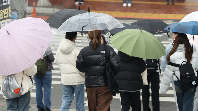▲ 대학교 학생들이 우산을 받쳐 들고 횡단보도를 건너고 있다.