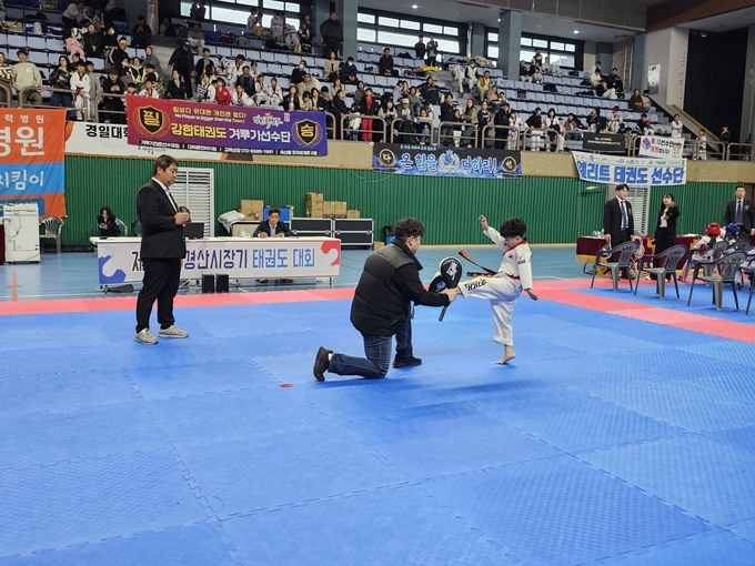 ▲ 제27회 경산시장기 태권도대회가 8일과 9일 경산실내체육관에서 개최됐다. 이번 대회는 유치부부터 일반부에 이르는 총 5개 부문에서 선수, 임원, 학부모 등 1200여 명이 참여했다. 경산시.