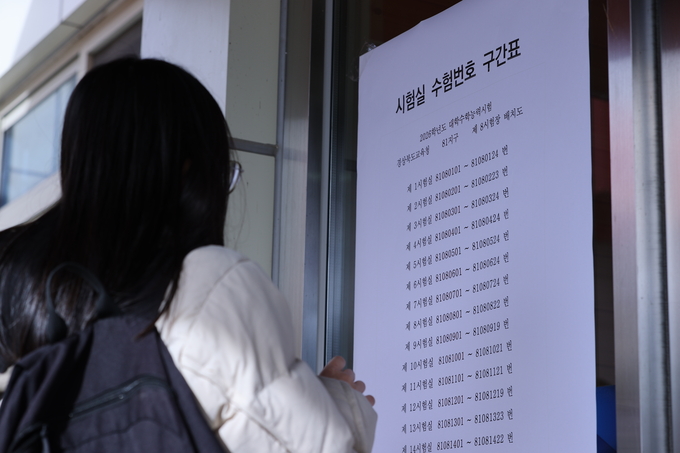 ▲ 2026학년도 대학수학능력시험을 하루 앞둔 12일 오후 경북 영천시 화룡동 선화여자고등학교에서 예비소집이 진행된 가운데 한 수험생이 시험실을 확인하고 있다.김영환 기자yhk@kyongbuk.com