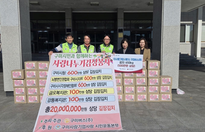 ▲ 구미사랑기업사랑회원들과 조원준 구미버스대표(왼쪽 세번째)가 김치 650kg을 구미시 황은채  사회복지국장(왼쪽 4번째)에게 전달하고 있다.