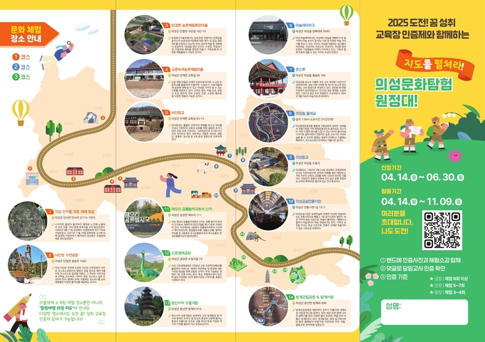 ▲ 약 8개월간 우리 고장을 직접 탐방한 학생들이 안내 리플렛에 수록된 14개 문화체험 코스를 따라 의성 곳곳의 역사·생태·생활 공간을 방문하며 인증 기준을 채울 수 있도록 구성된 ‘의성문화탐험원정대’ 지도를 살펴볼 수 있는 홍보 패널 이미지. 의성교육지원청