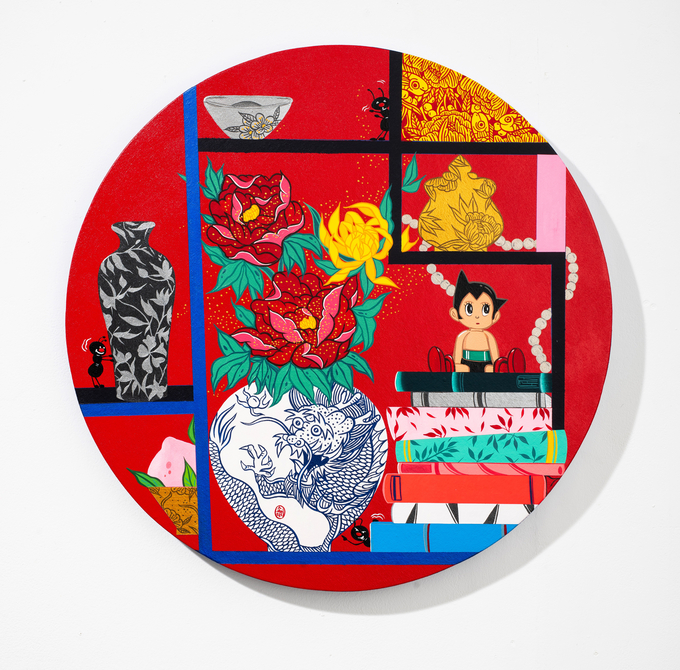 ▲ 김민수, 책거리이야기1-아톰, Acrylic on Canvas, ∮60cm, 2025
