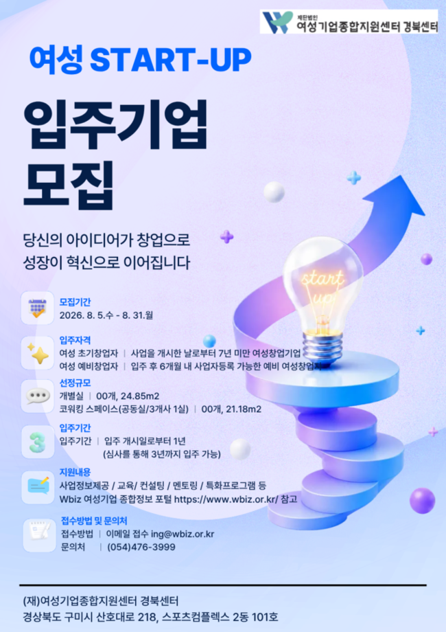 여성기업종합지원센터 경북센터, 여성 창업기업 입주 모집 - 뉴스 썸네일 이미지
